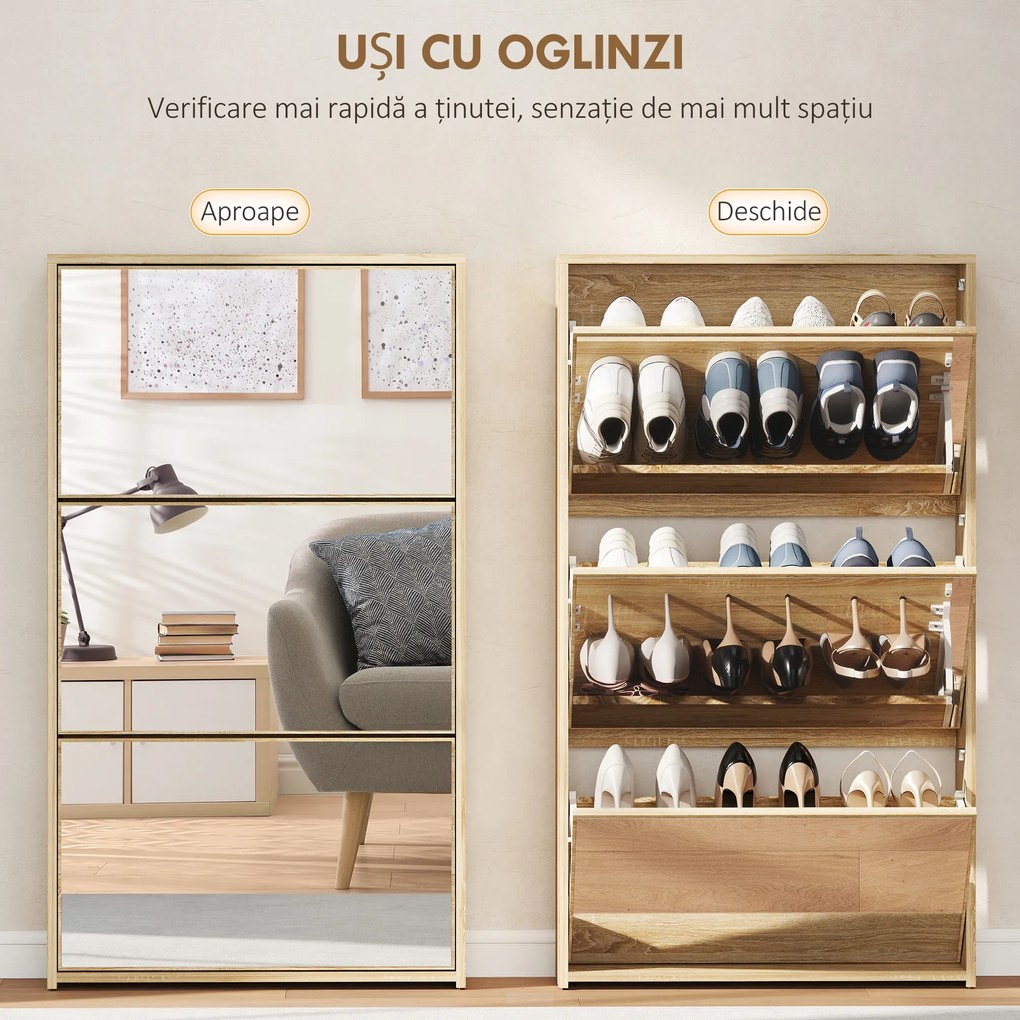 HOMCOM Dulap pentru Pantofi a Oglindă Con 3 Sertare a Rabatabil 65x17x114.5 cm Color Lemn | Aosom Romania