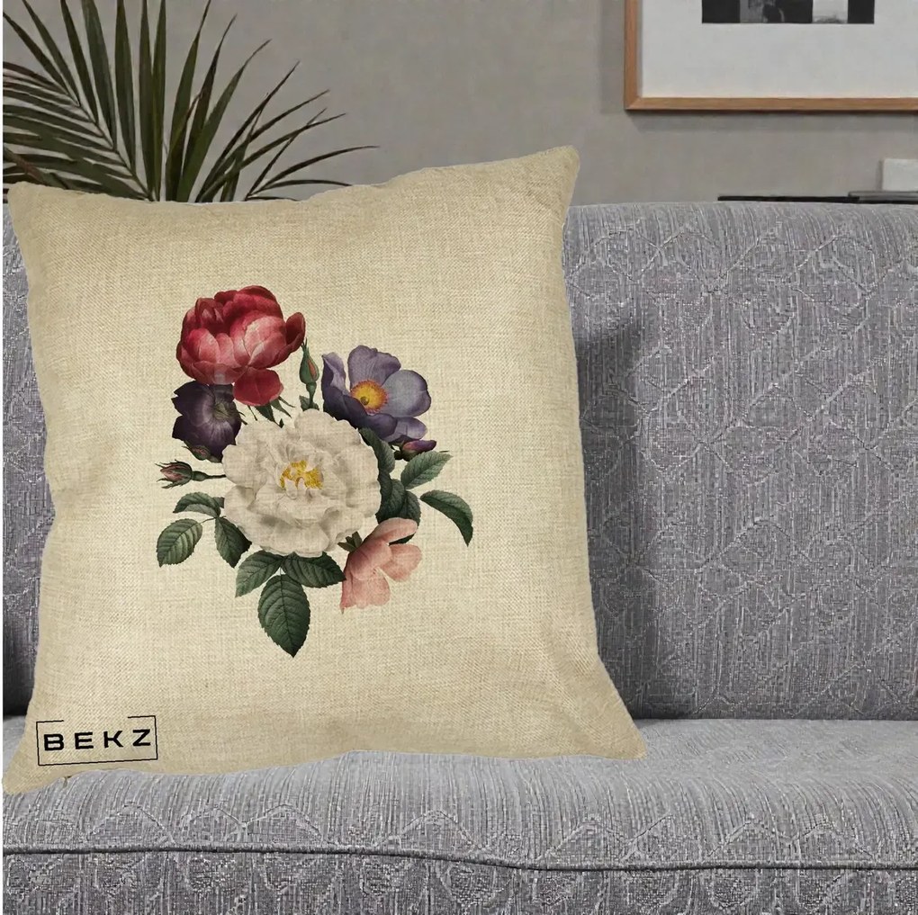 Perna Decorativa Buchet Trandafiri Bujori Botanical, 40x40 cm, Crem, Husa Detasabila, Perna Inclusa, BEKZ®