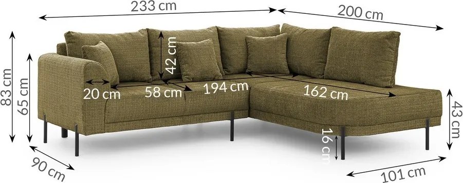 Colțar verde cu tapițerie din chenille (cu colț pe partea dreaptă/în formă de ”L”) Mauris – Ropez