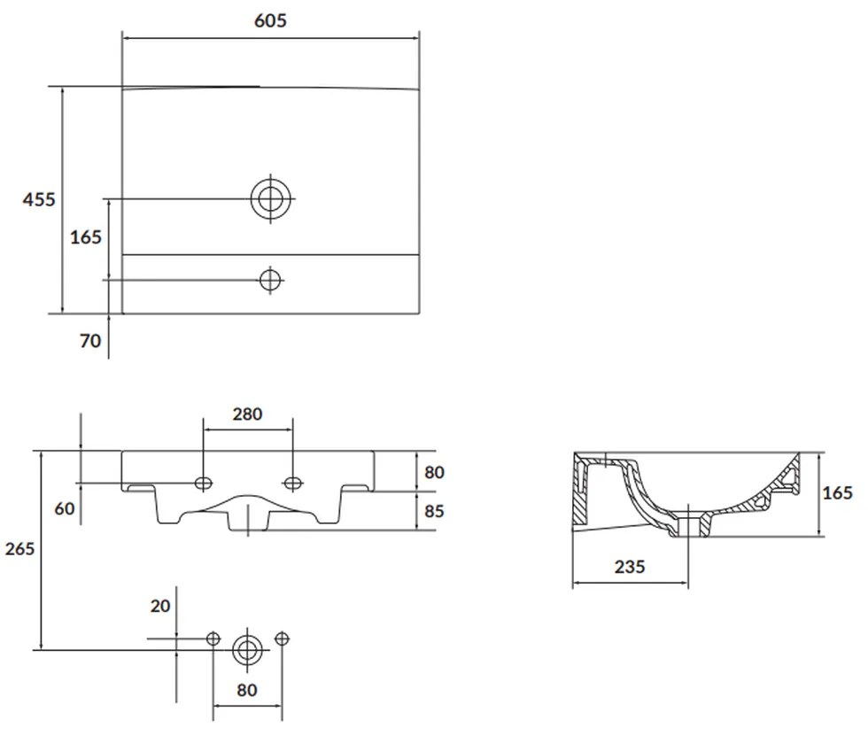 Lavoar suspendat alb 60 cm, dreptunghiular, Cersanit Larga 605x455 mm