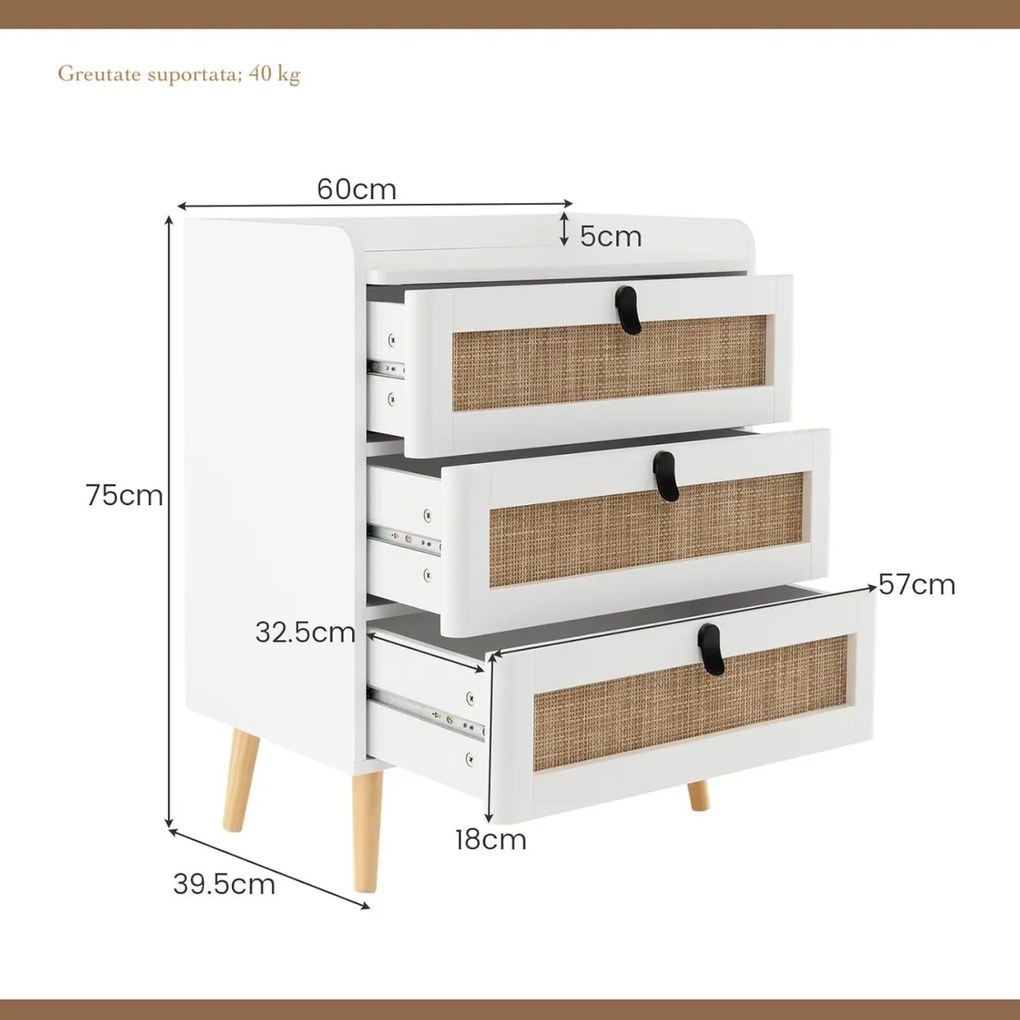 NOA68 - Set 2 Noptiere cu 2 sau 3 sertare, 45/60 cm, dormitor - Alb - Maro