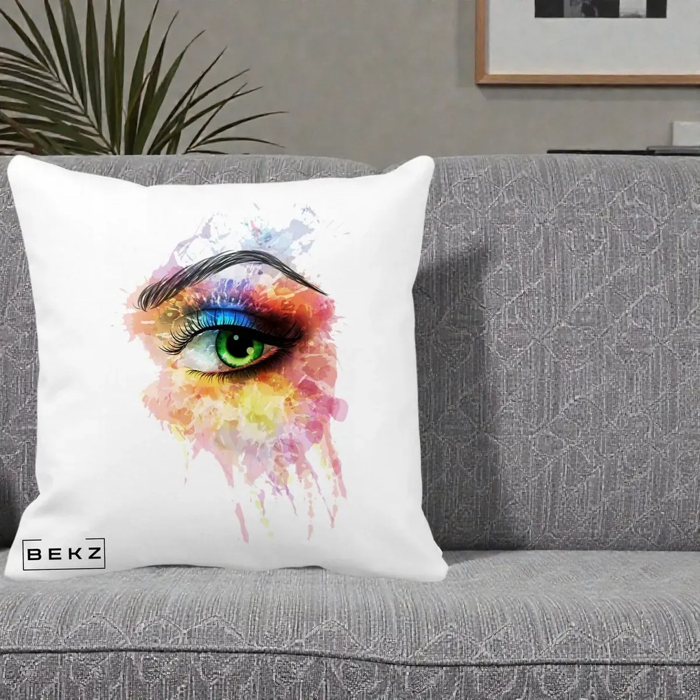 Perna Decorativa Ochi Verde Acuarela, 40x40 cm, Alba Mata, Husa Detasabila, Perna Inclusa, BEKZ®