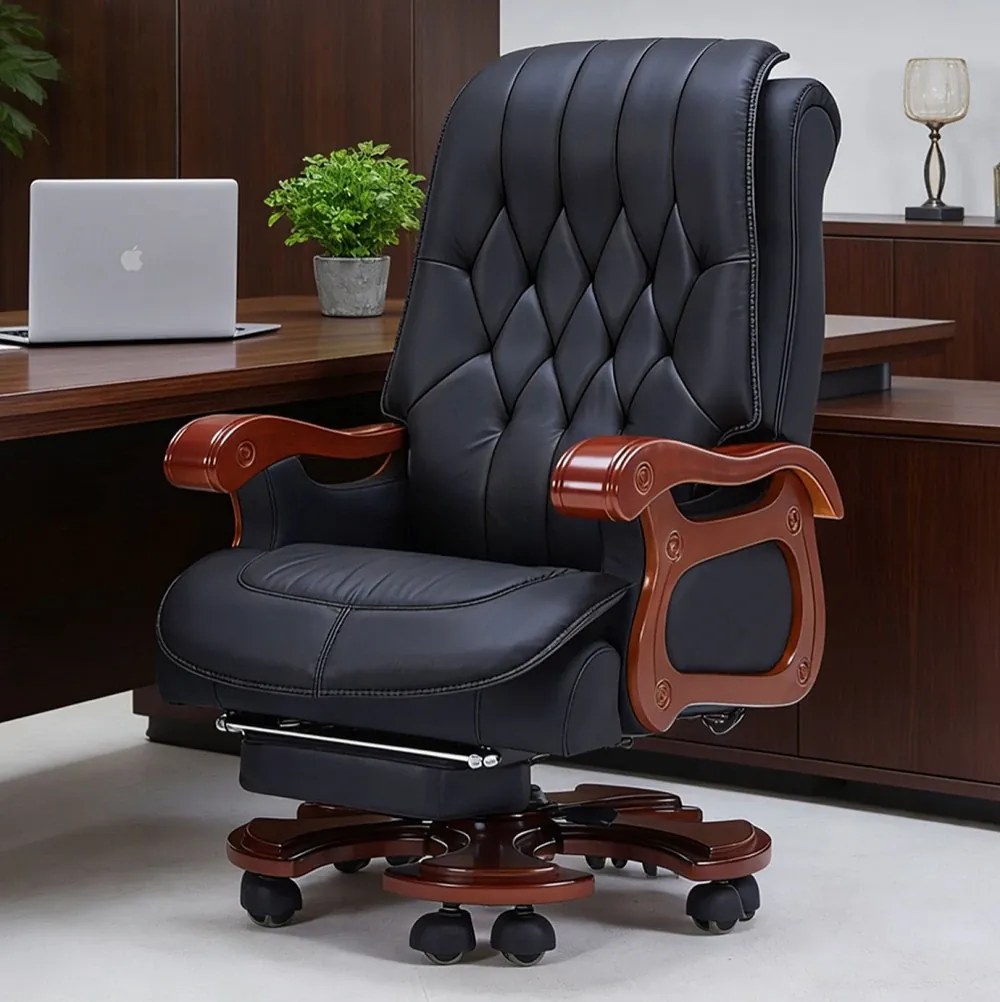 Regal Relax – Scaun directorial din Piele Naturală si Lemn Masiv, Masaj in 7 puncte, Funcție Încălzire, Înclinare 160°, Suport Picioare Extensibil, Sezut cu Arcuri, Telecomandă, Negru