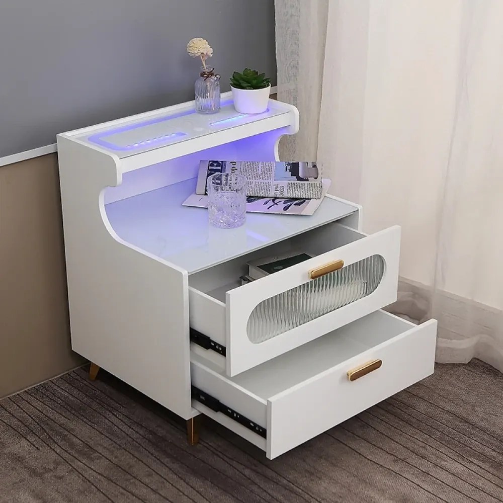 RESIGILAT- Noptieră inteligentă multifunctională, lumină LED RGB, încarcare wireless, 2 sertare, sticlă securizată, Alb