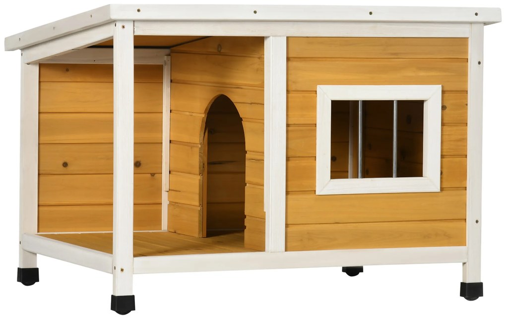 PawHut Cuib pentru câine la exterior casă pentru câine interioară din lemn cu acoperiș deschizător și fereastră 85,5L x 62l x 60H cm portocaliu | Aosom Romania