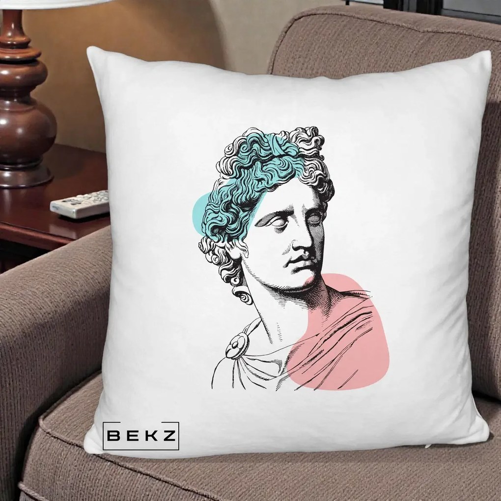 Perna Decorativa Bust Grec Vaporwave, 40x40 cm, Alb Pufos, Husa Detasabila, Perna Inclusa, BEKZ®