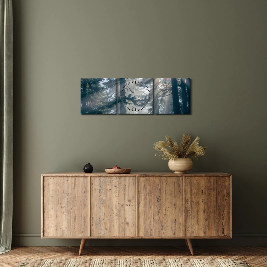 Tablou cu copaci și soarele translucind (cu ceas) (90x30 cm)