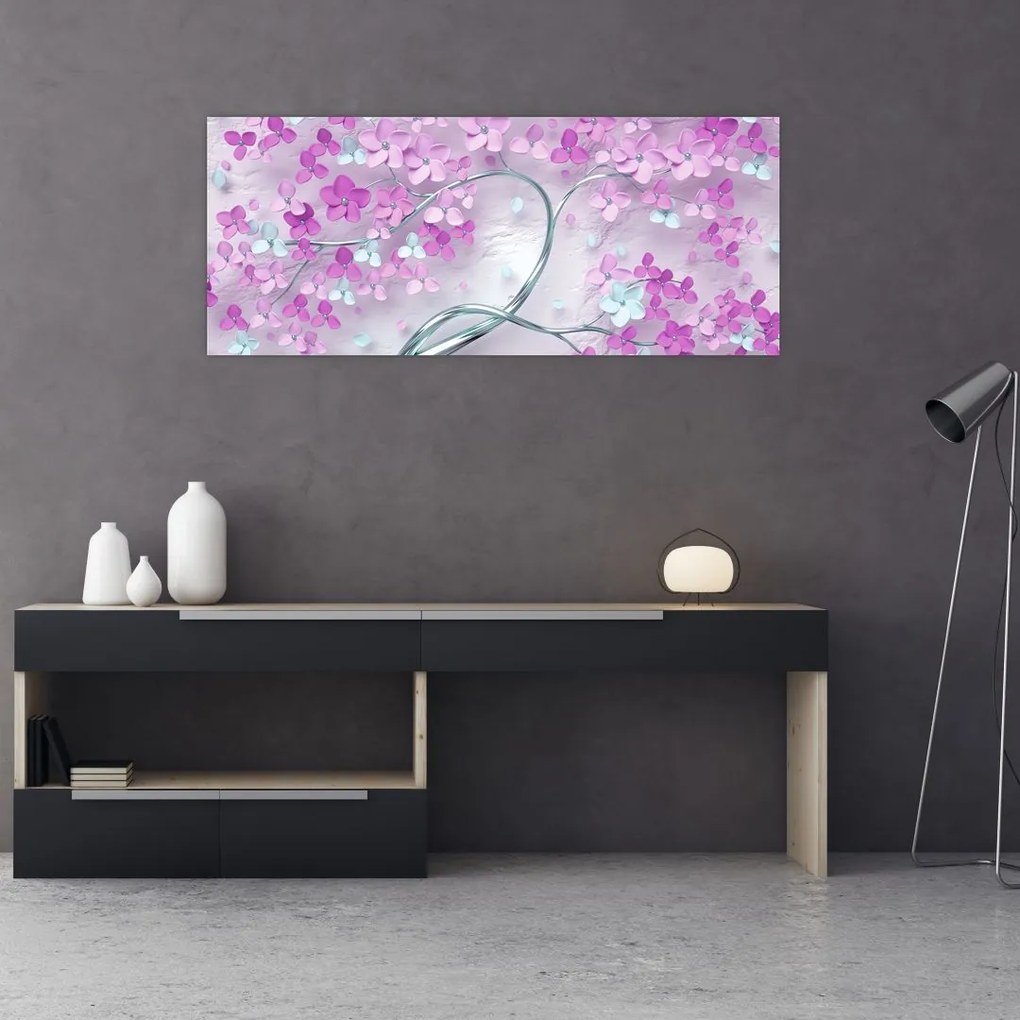 Tablouri cu flori pe trunchi argintiu - abstract (120x50 cm)