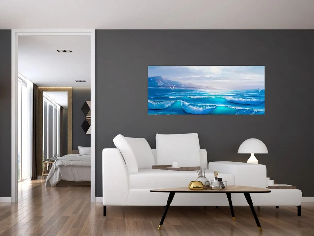Tablou - Pictură în ulei de mare cu pescăruși (120x50 cm)