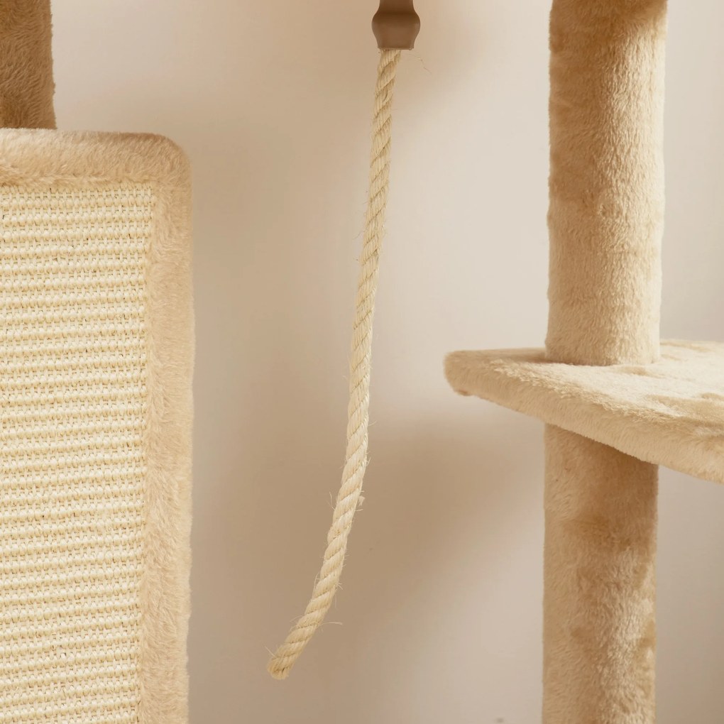PawHut Arbore pentru Pisici Multilevel Înalt 132 cm cu Căsuță, Culcuș, Stâlpi Zgâriători, Perie și Biliță, Bej | Aosom Romania
