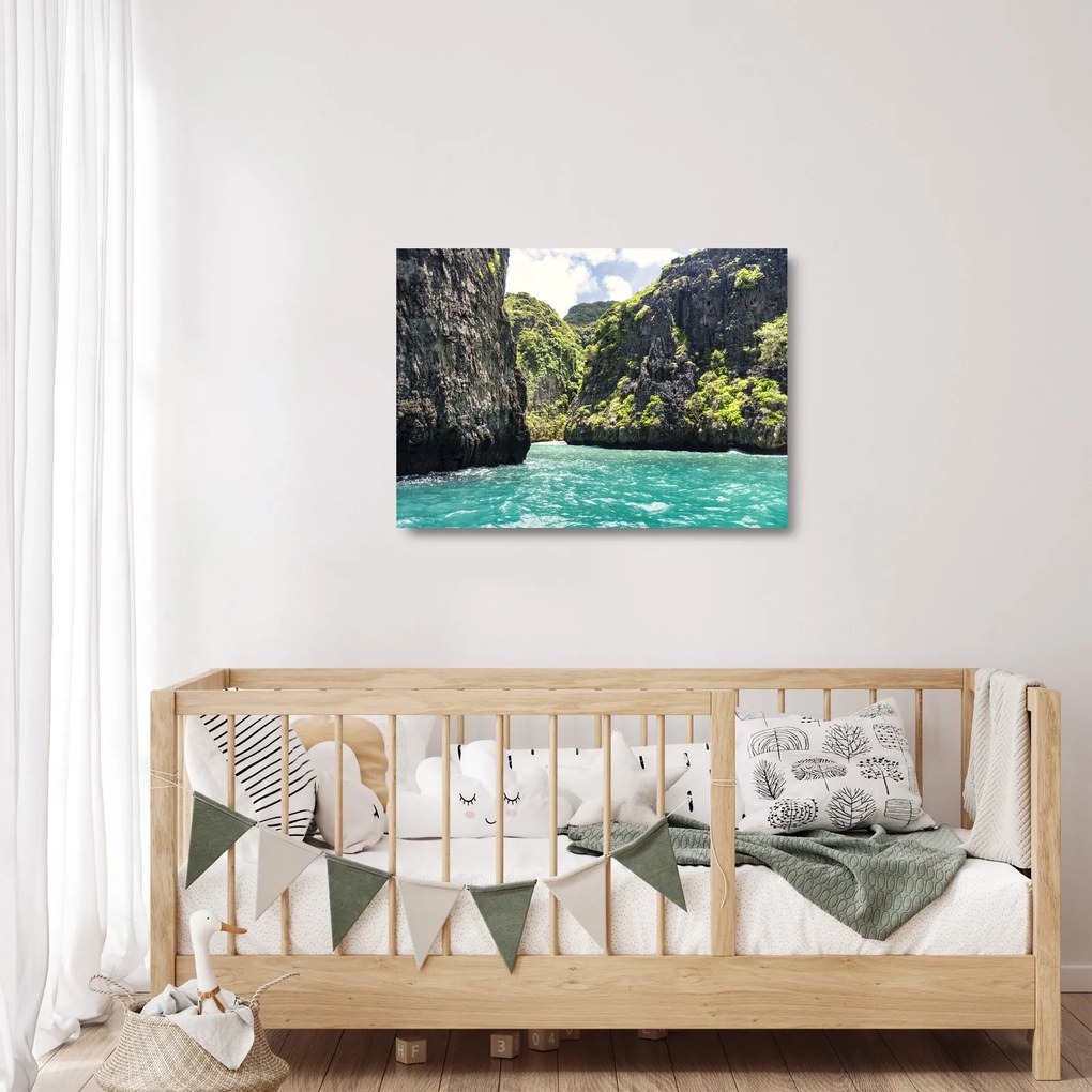 Tablou pe sticlă cu râu montan (70x50 cm)