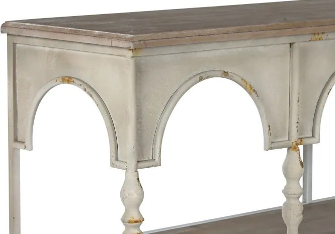 Consolă hol vintage din metal, crem, cu blat din lemn, 2 rafturi și arcade pe baluștri, 91 x [lățime] x 36,5 cm, „Arches”