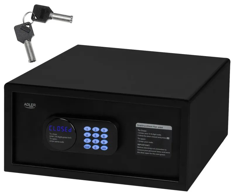 Seif electronic Adler AD 1045, 200x420x370 mm, 14 l, Blocare după 4 încercări greșite, Avertizare baterie descărcată, Negru