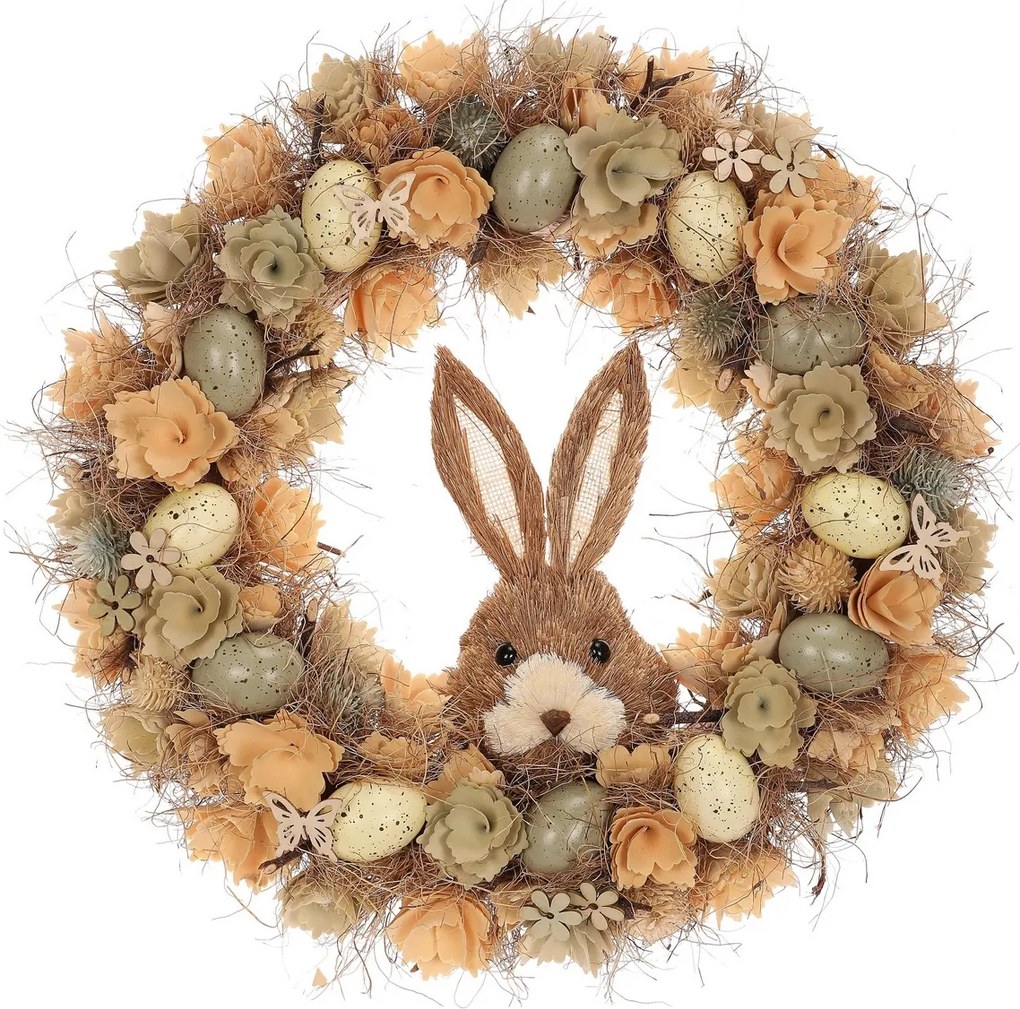 Coroană de Paște Iepure maro cu flori și ouă,diametru 45 cm, 45 x 45 x 9 cm
