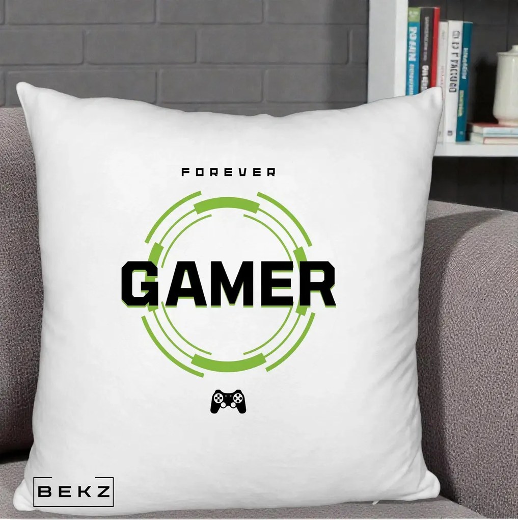 Perna Personalizata Forever Gamer, 40x40 cm, Alb Pufos, Husa Detasabila, Perna Inclusa, BEKZ®
