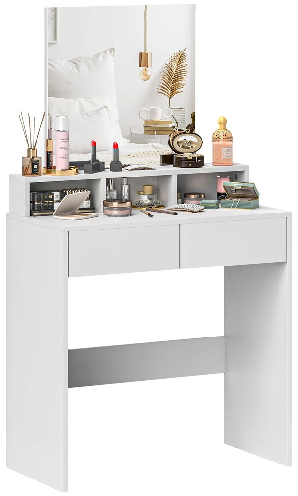 HOMCOM Coafură cu oglindă, masă de machiaj cu 2 sertare și 3 compartimente, stil modern, 75 x 38 x 135 cm, alb | Aosom Romania