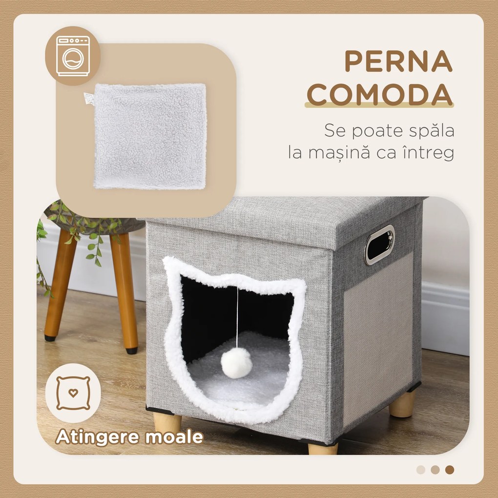 PawHut Căsuță pentru Pisici cu Covor de Zgâriat, Pernă și Bilă, 35.5x35.5x42.5 cm, Crem și Gri | Aosom Romania