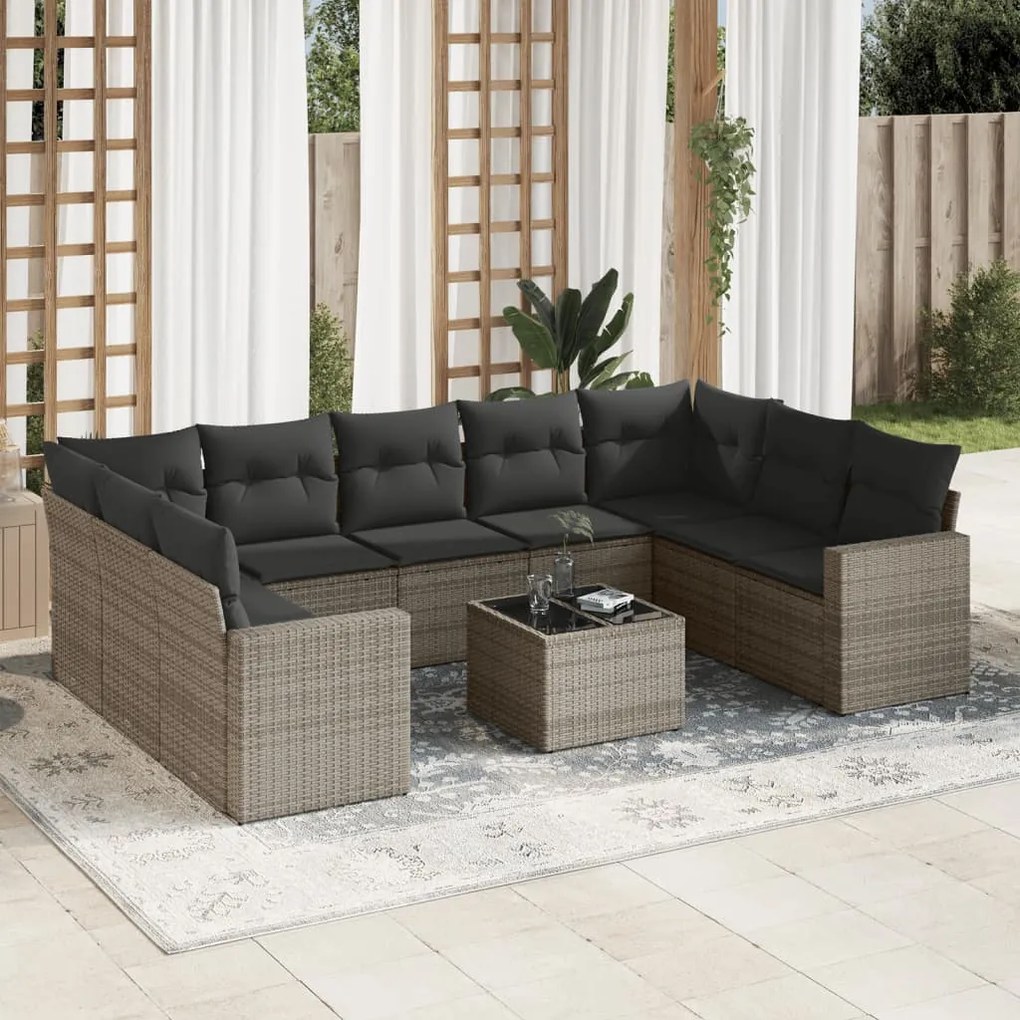 vidaXL Set mobilier de grădină cu perne, 10 piese, gri, poliratan