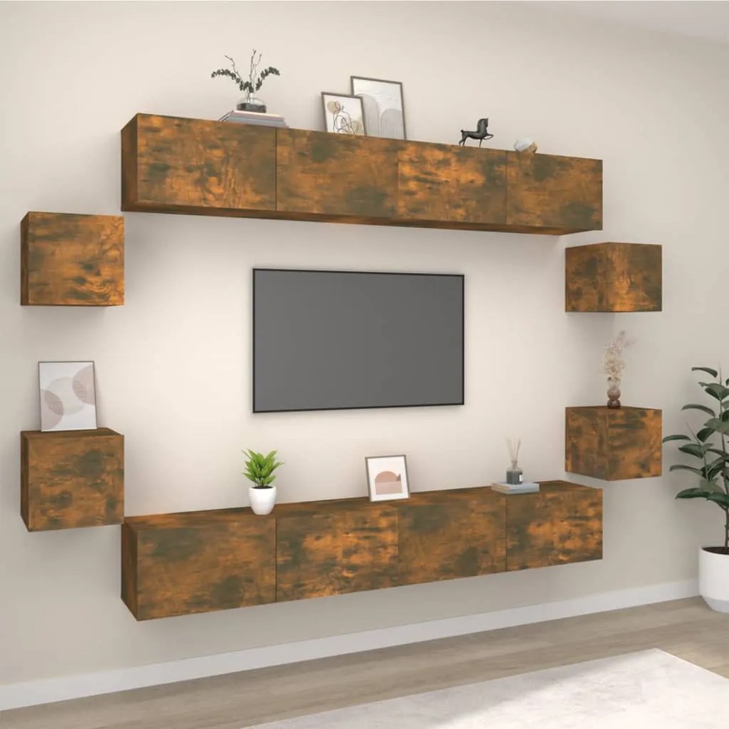 3114227 vidaXL Set dulap TV, 8 piese, stejar fumuriu, lemn prelucrat