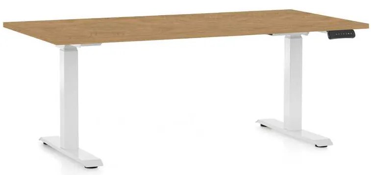 Masă înălțime reglabilă OfficeTech D, 160 x 80 cm, picioare albe, stejar piatra