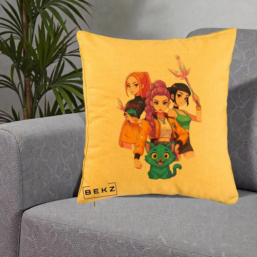 Perna Personalizata K-pop HUNTRX Trio cu Pisica si Cristale, 40x40 cm, Galben, Husa Detasabila, Perna Inclusa, BEKZ®