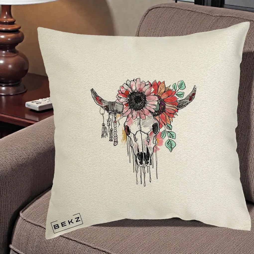 Perna Decorativa Craniu Boho Floral, 40x40 cm, Ecru, Husa Detasabila, Perna Inclusa, BEKZ®