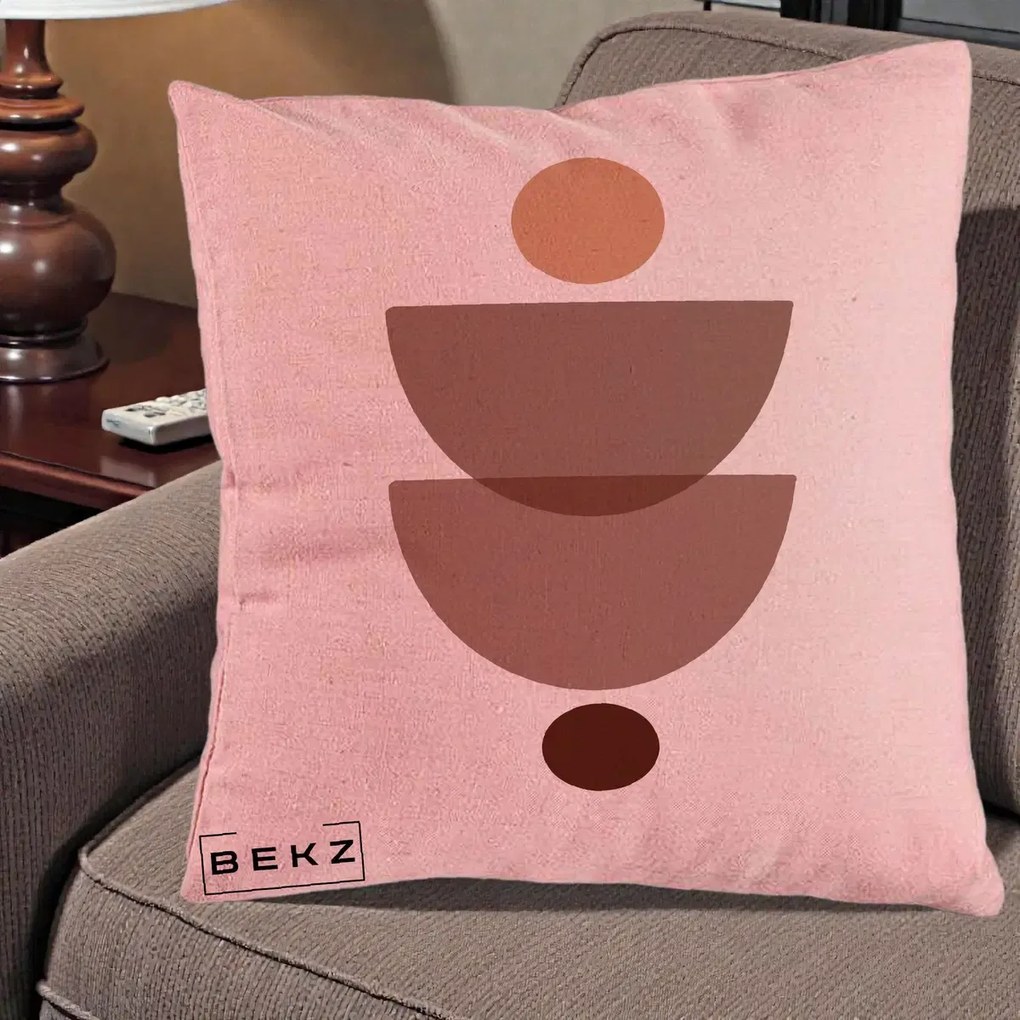 Perna Decorativa Geometric Boho Semicercuri Brun, 40x40 cm, Roz, Husa Detasabila, Perna Inclusa, BEKZ®