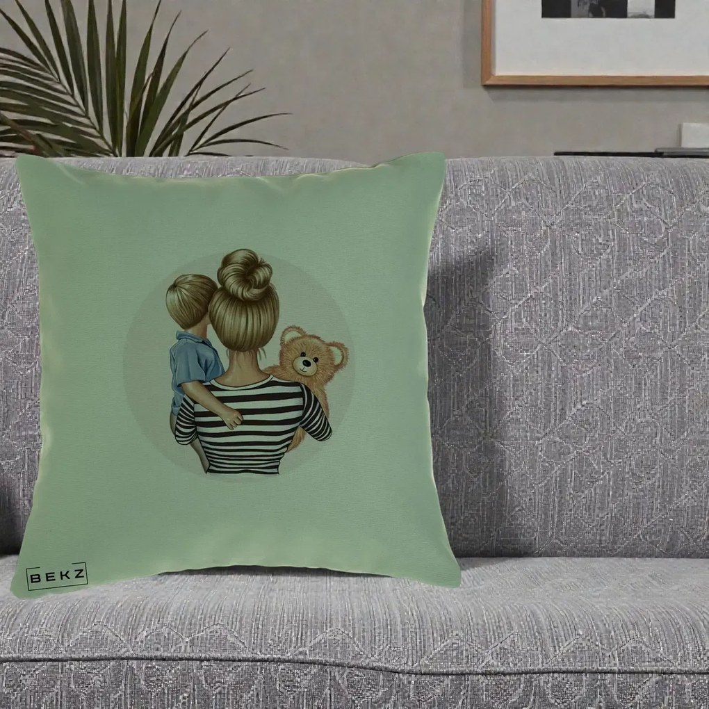 Cadou pentru Mama - Perna Personalizata Mama si Baietelul cu Ursulet, 40x40 cm, Verde, Husa Detasabila, Perna Inclusa, BEKZ®