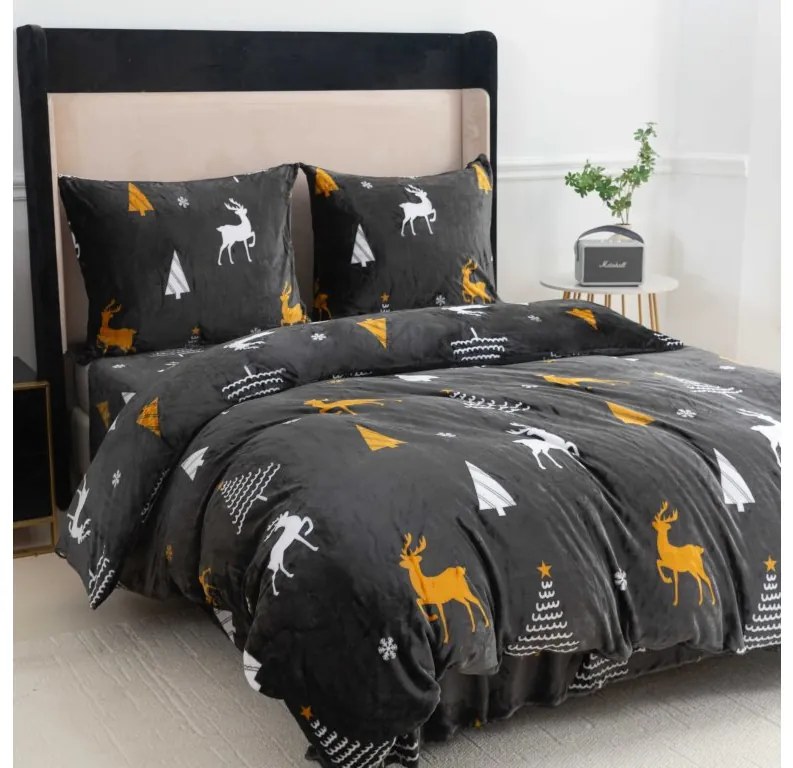 Set 2 buc lenjerie microplus WHITE TREES gri inchis + cearsaf microplus SOFT 180x200 cm gri inchis, pat dublu
