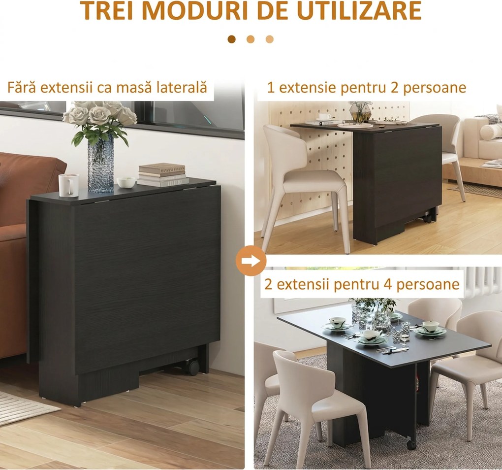 HOMCOM Masă Pliabilă, Masă Rabatabilă pentru 4-6 Persoane cu 2 Rafturi și 2 Roți, din Lemn și Metal, 140x80x74 cm, Negru | Aosom Romania