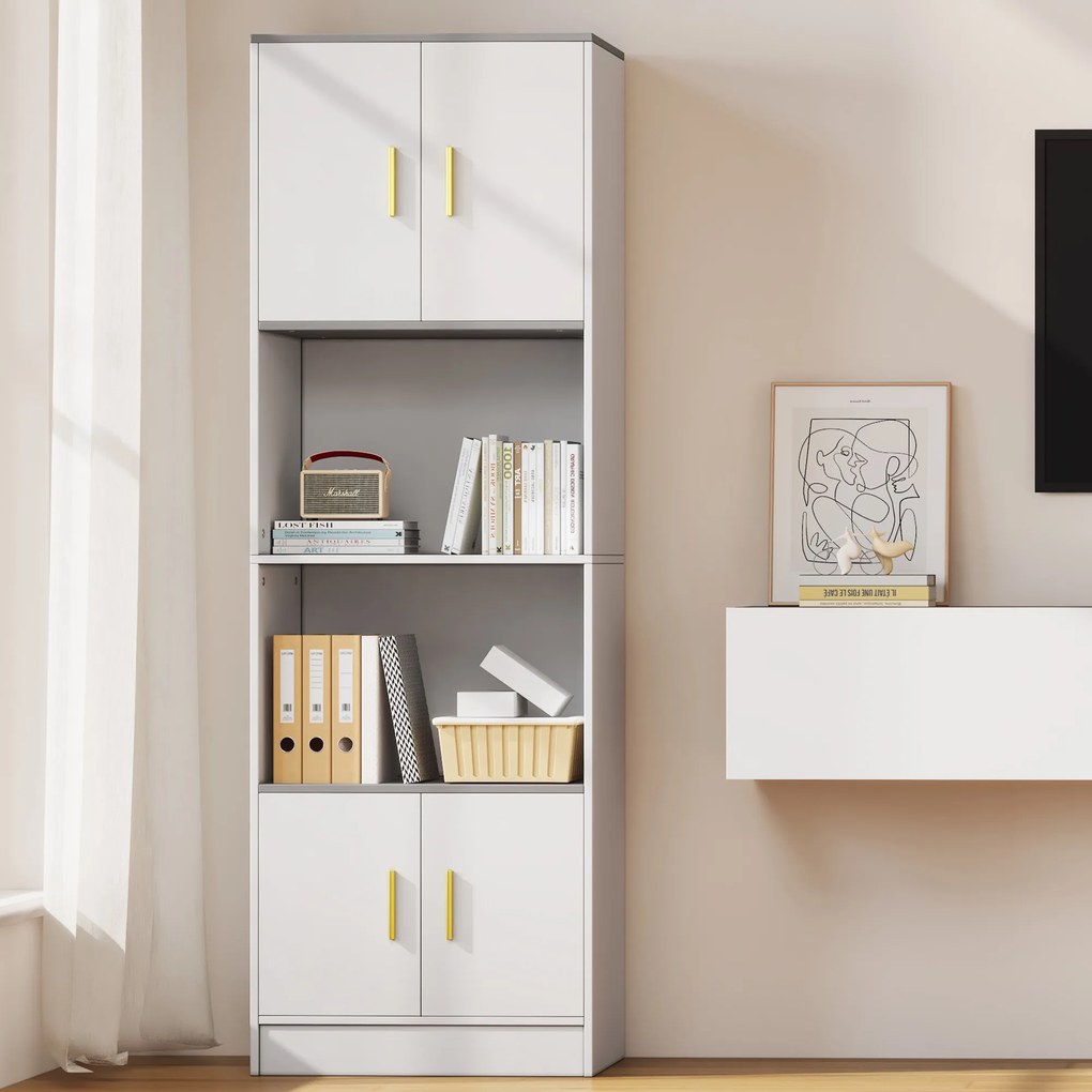 Comodă Modernă cu 4 Uși și Compartiment Deschis Central, Balamale Silențioase Soft-Close, pentru Bucătărie și Living, 60x40x180 cm, Alb