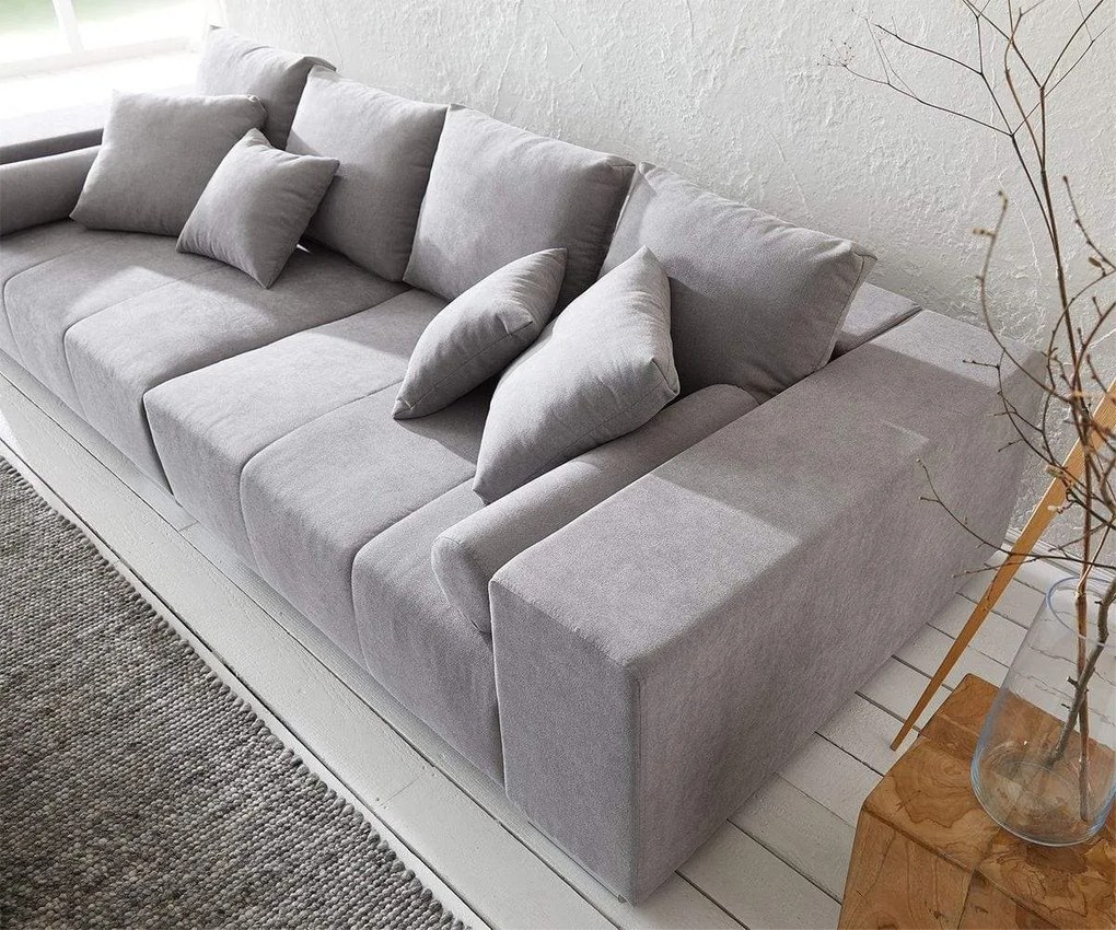 Canapea extensibilă dumonde cu ladă de depozitare si sezut confortabil din spuma high-density, Marbela Enjoy Silver XXL 295x100 cm cu taburet inclus