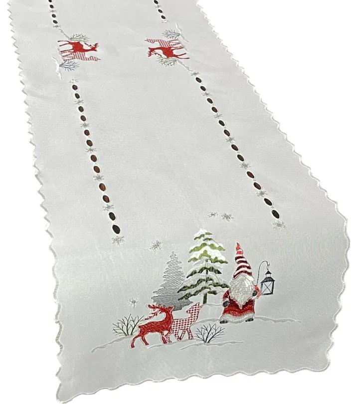 Traversa alba de Crăciun cu broderie de elf și ren Lățime: 40 cm | Lungime: 220 cm