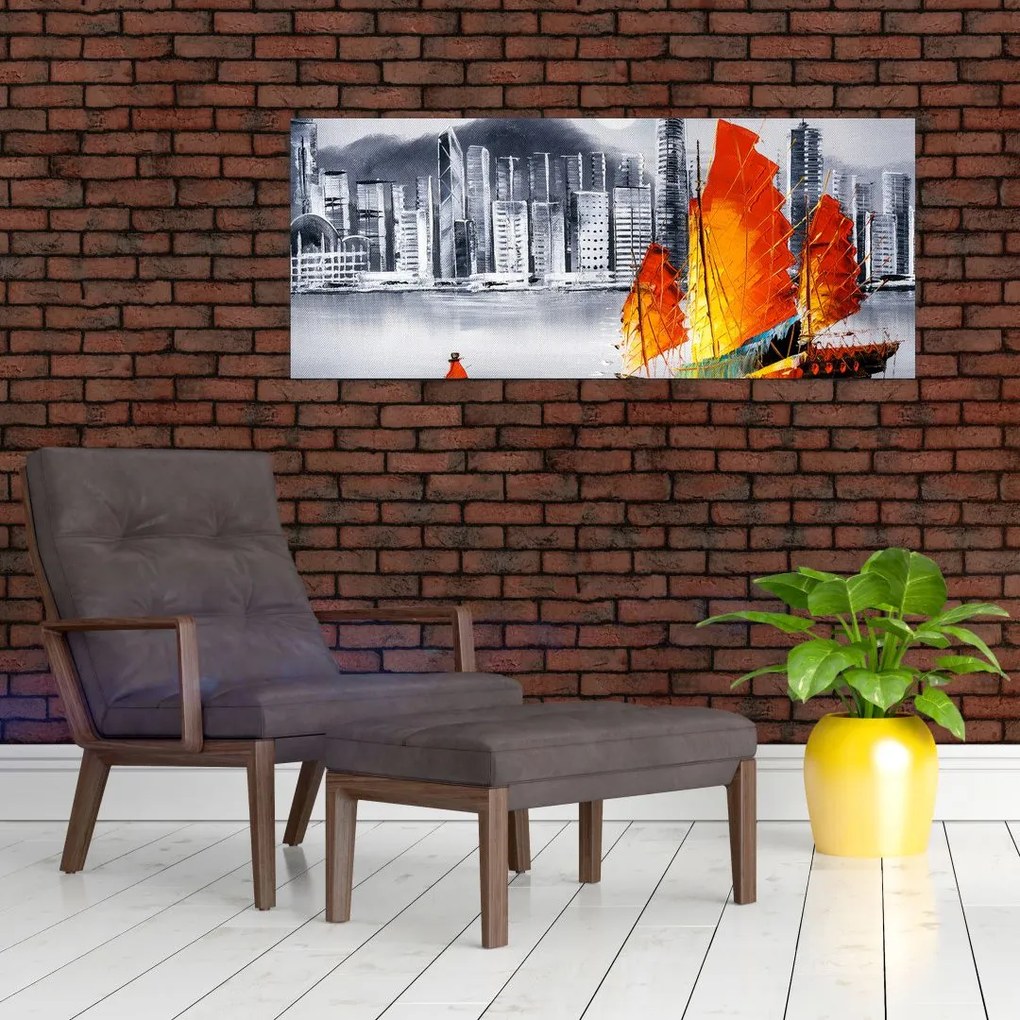 Tablou - Victoria Harbour, Hong Kong, pictură în ulei alb- negru (120x50 cm)