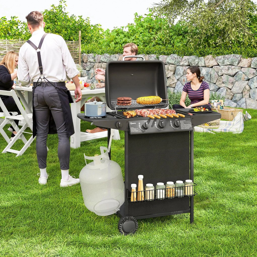 Outsunny Grătar pe Gaz cu Capac, Termometru, Masă Laterală și Tavă pentru Colectarea Grăsimii, 108x54x97 cm, Negru | Aosom Romania