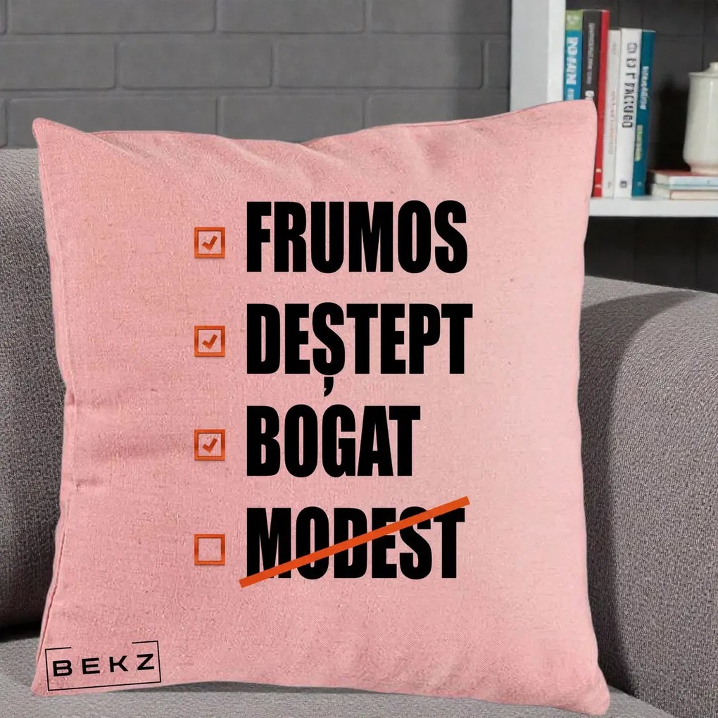 Perna Decorativa Frumos Destept Bogat, 40x40 cm, Roz, Husa Detasabila, Perna Inclusa, BEKZ®