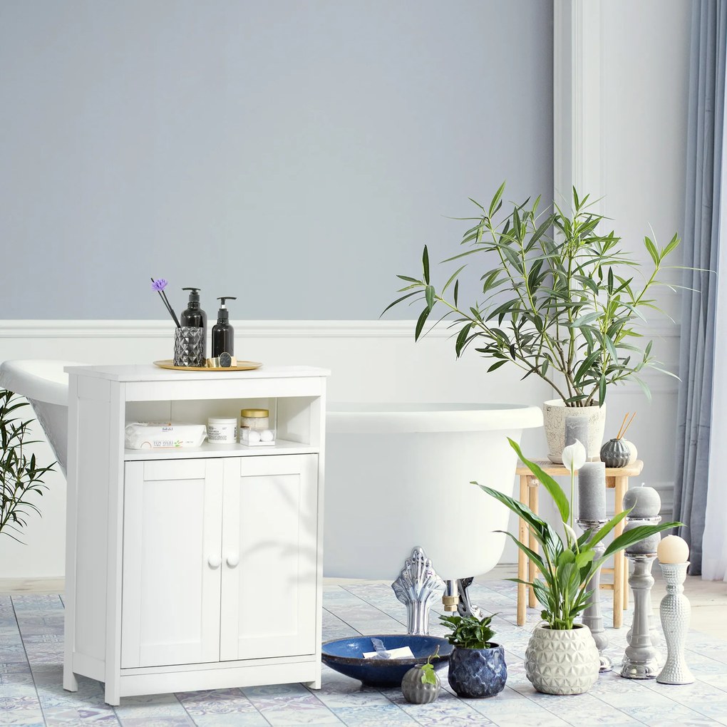 HOMCOM Dulap Auxiliar de Baie cu 2 Uși Raft Interior Ajustabil și Compartiment Deschis Mobilier de Baie pentru Sufragerie Bucătărie 60x30x80 cm Alb | Aosom Romania