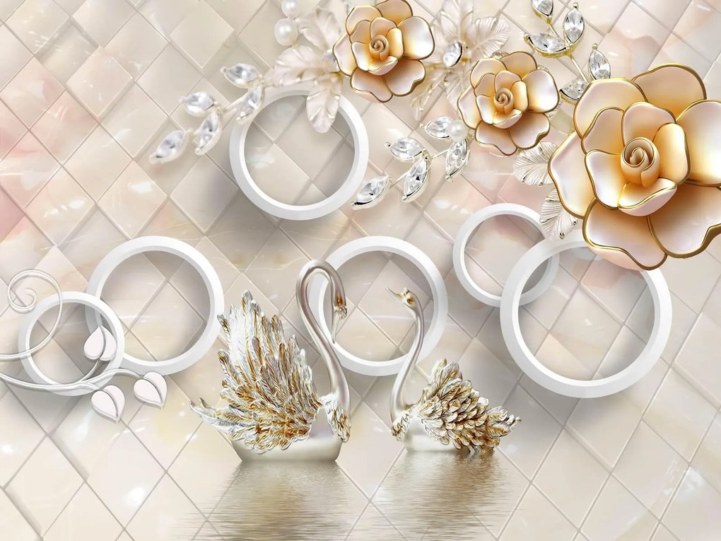 Fototapet 3D, Flori aurii cu cercuri albe pe fundal bej Art.05378