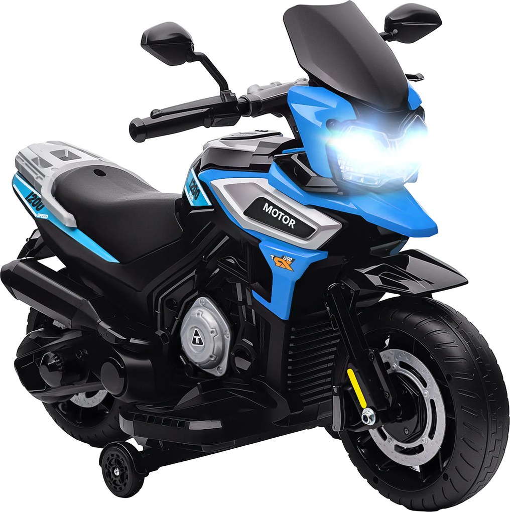 AIYAPLAY Motocicletă Electrică pentru Copii 18-36 Luni, 6V Motocicletă Electrică pentru Copii cu Roți Detașabile, Faruri, Muzică, 2.4 km/h Mini Motocicletă cu Far, Max 30kg, Albastru | Aosom Romania