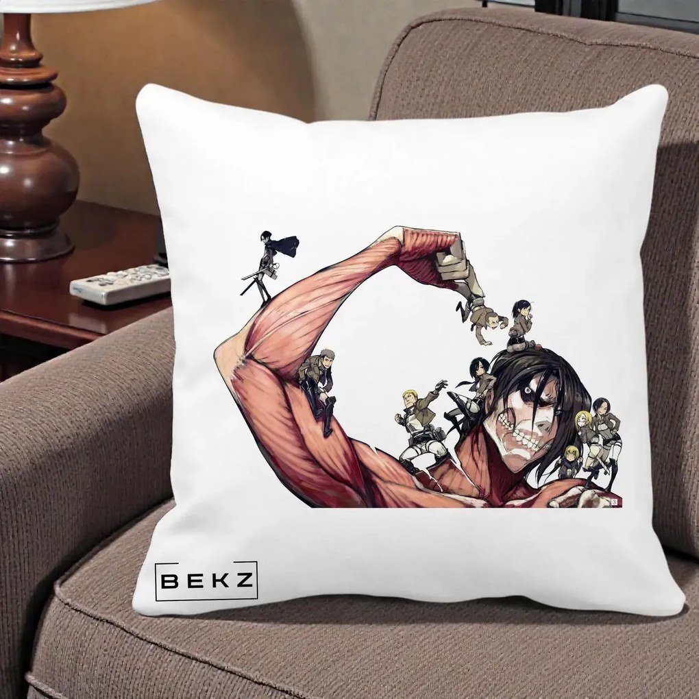 Perna Personalizata Attack on Titan Eren Titan Grup, 40x40 cm, Alba Mata, Husa Detasabila, Perna Inclusa, BEKZ®