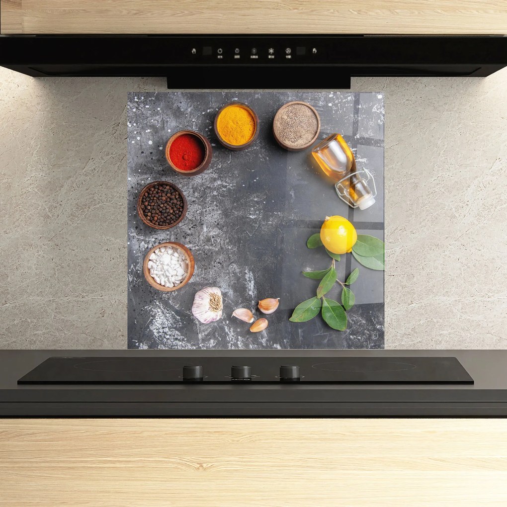 Panou Sticla Bucatarie, 100x100cm, Protectie aragaz, Antistropi, Termorezistent, Alimente, Condimente, Seasonings With Oil