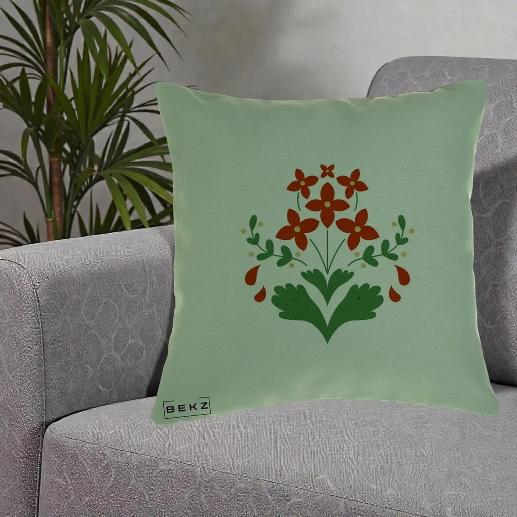 Perna Decorativa Buchet Floral Folk Rosu-Verde, 40x40 cm, Verde, Husa Detasabila, Perna Inclusa, BEKZ®