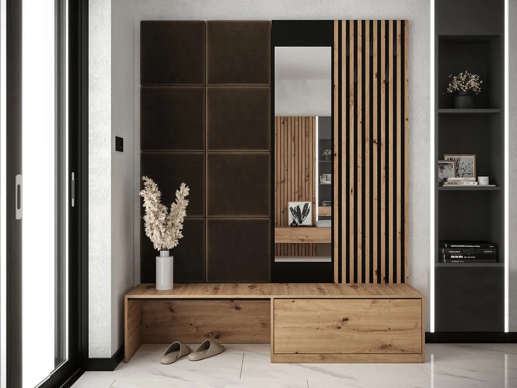 Mobilier hol Anrolat I (Stejar artisan + Negru + maro) (cu oglindă). 1104704
