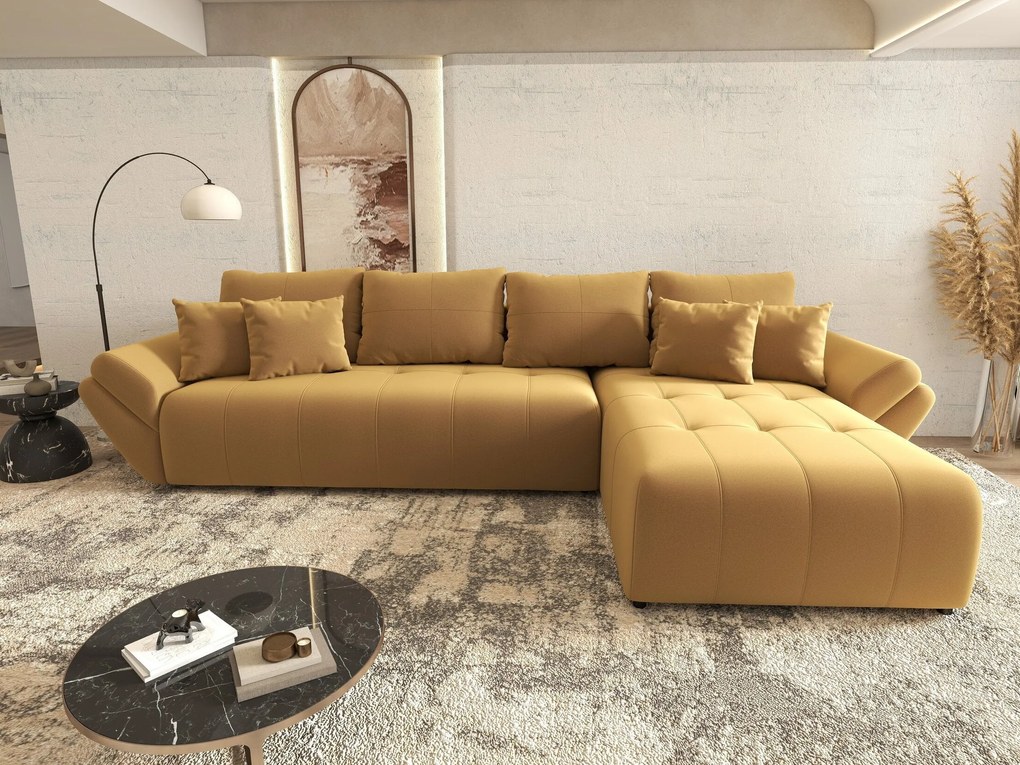 Colțar extensibil dumonde cu ladă de depozitare si sezut confortabil din spuma high-density, Berlin XL Royal Mustar 350x185 cm II