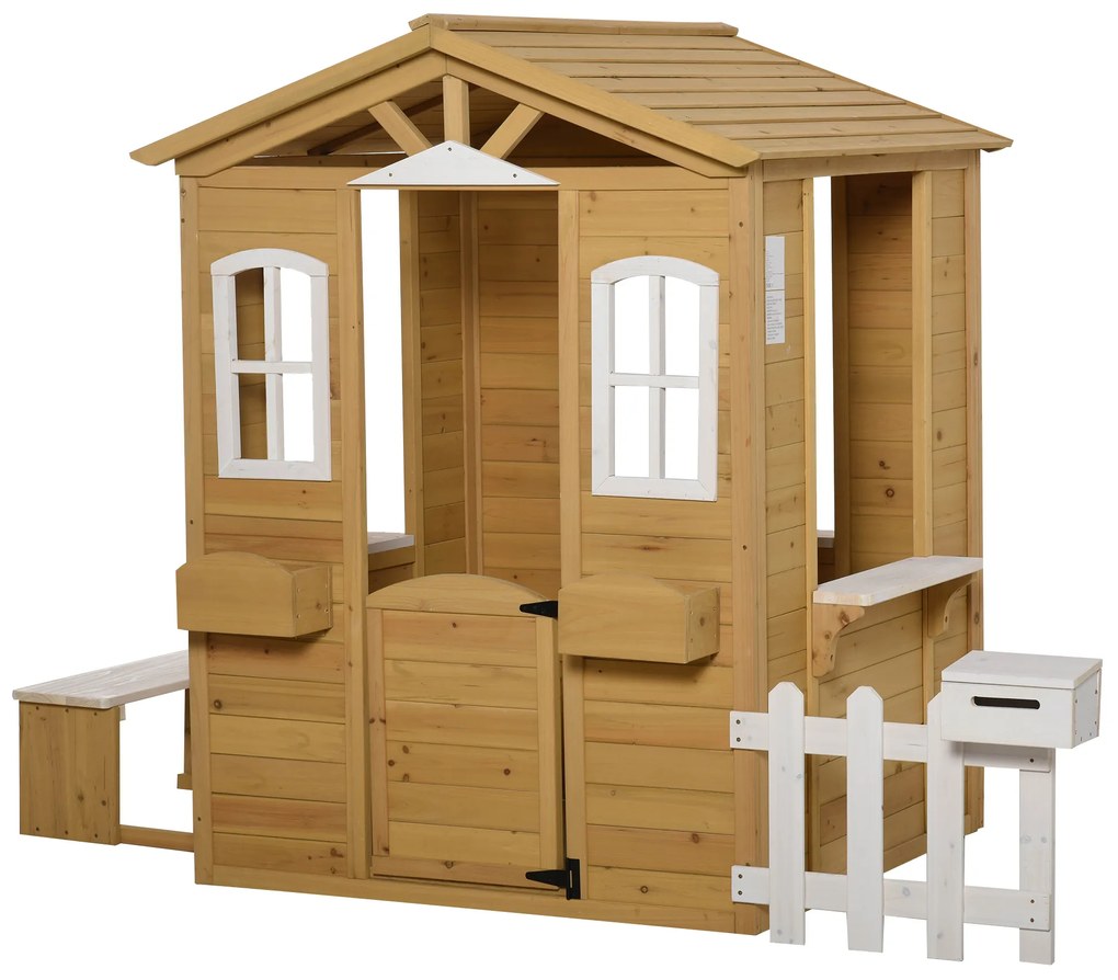 Outsunny Cabana de joc pentru copii casa de gradina din lemn cu usa si ferestre, banc, cutie postala, garda, 3-6 ani | Aosom Romania