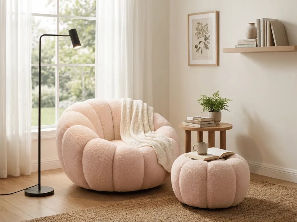 Fotoliu de design rotativ BLOOM cu taburet, roz deschis