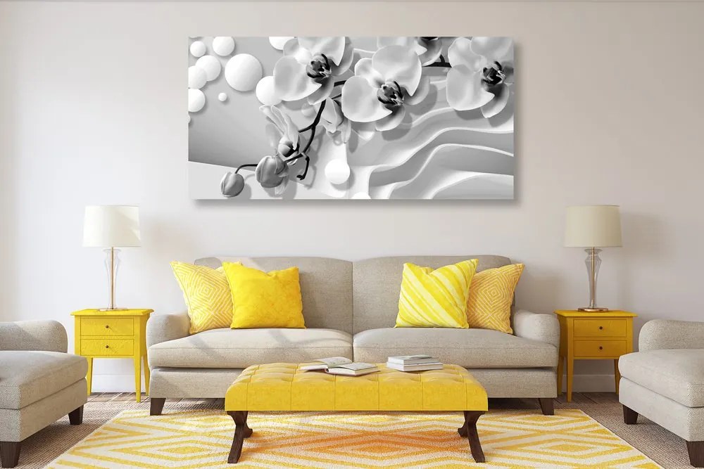 Tablou orhidee pe fundal abstract alb-negru