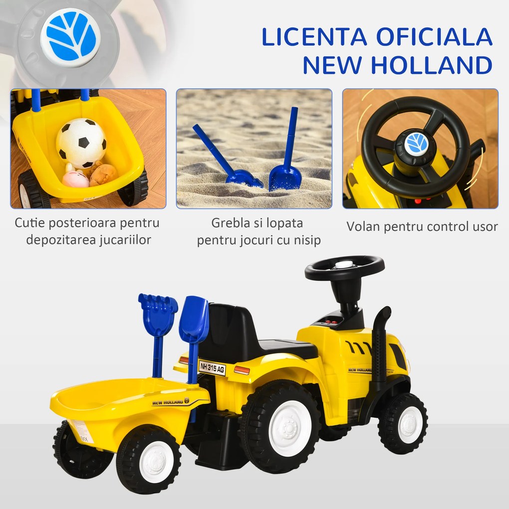 Tractor pentru Copii 12-36 Luni HOMCOM, Prevazut cu Loc cu Remorca, Grebla si Lopata, Joc Educativ, 91x29x44cm, Galben | Aosom Romania