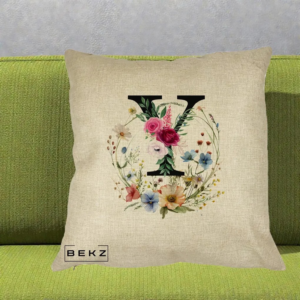 Cadou Personalizat - Perna Personalizata Monograma Florala Litera Y cu Coroana, 40x40 cm, Crem, Husa Detasabila, Perna Inclusa, BEKZ®