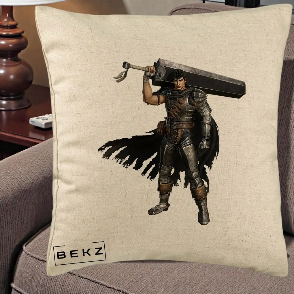 Perna Personalizata Berserk Guts Luptatorul Negru, 40x40 cm, Bej, Husa Detasabila, Perna Inclusa, BEKZ®